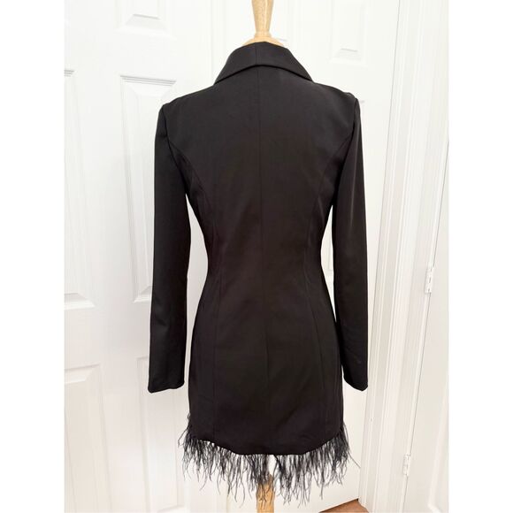 Ieena for Mac Duggal Womens Black Long Sleeve Feathered Trim Tuxedo Dress Size 2 - Picture 3 of 6